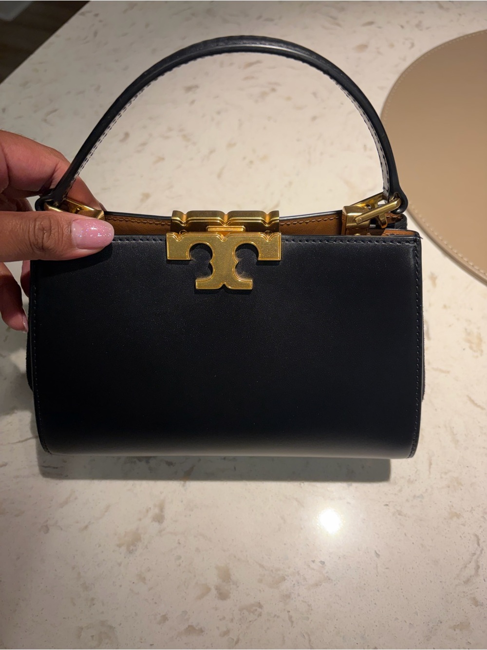 Tory Burch Black Leather Mini Top-Handle Bag with Gold Hardware